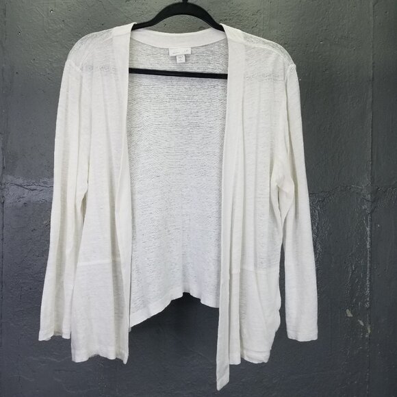 J. Jill Love Linen Cardigan Women's Petite L Sweater Open Front White Pockets - Picture 1 of 13
